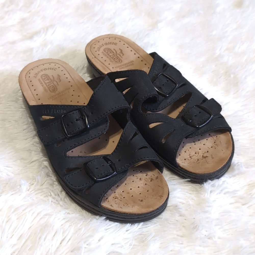Fly Flot Black Genuine Leather Buckle Slide Sandals Size 40/8 - Picture 3 of 12